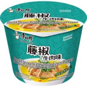 康师傅 方便面藤椒牛肉味 桶装 Master Kong Instant Noodles Beef Flavor with Sichuan Green Pepper Bowl Master Kong pikanuudelit, naudanlihan ja Sichuan-viherpippurin maku 108g